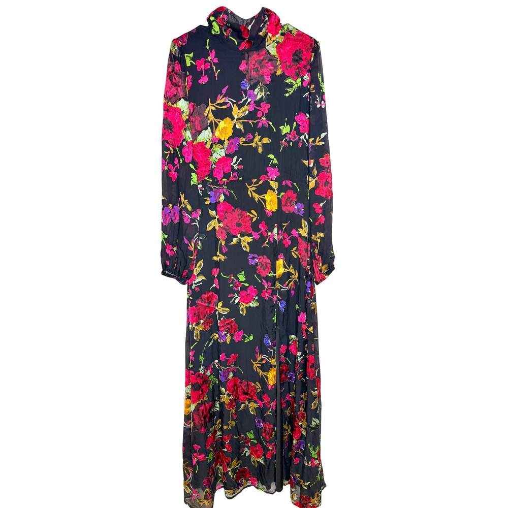 Lulus Women Graceful Arrival Black Floral Burnout Maxi Dress XL Open Back Slit